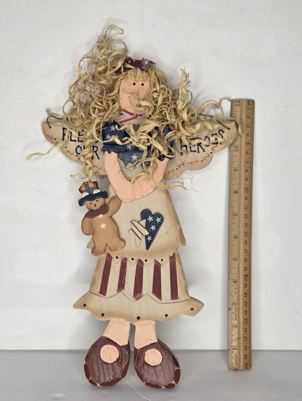 Patriotic Handcrafted Wooden Angel Doll Wall Hanging Bless Our Heroes Military